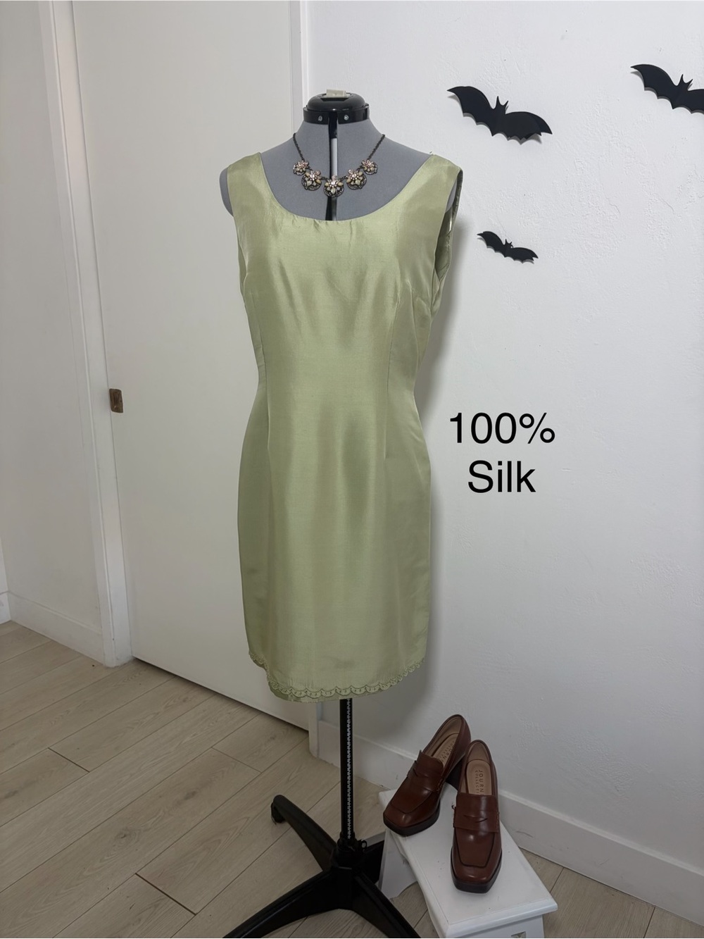 Studio 1 Petite Sage Green 100% Silk Shift Dress Size 14P